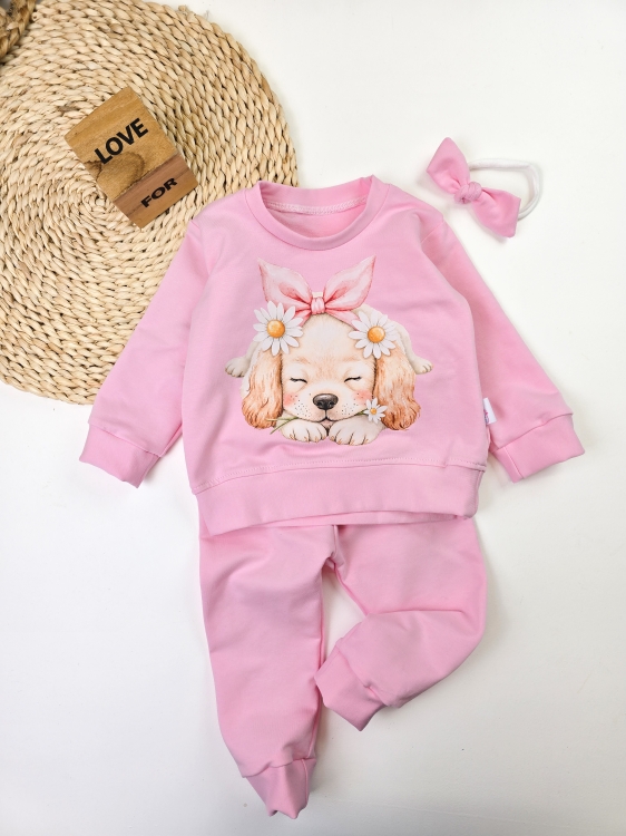 Różowy komplet dziecięcy z pieskiem – bluza i spodnie bawełniane Matimade