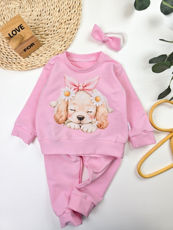 Komplet dziecięcy różowy z uroczym pieskiem – bluza i spodnie handmade