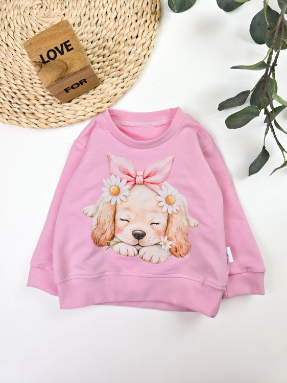 Bluza dziecięca z klasycznym dekoltem – różowy komplet z pieskiem