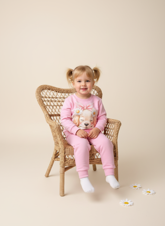 Dziewczyna w komplecie sweet Puppy. Różowy dres.