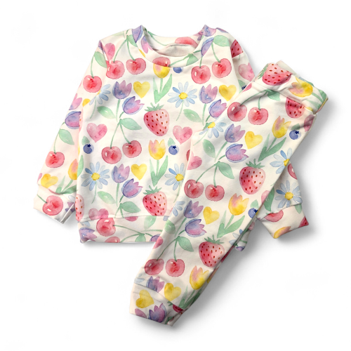 Komplet dla dziewczynki w kwiatki i owoce bkiza4i spodnie