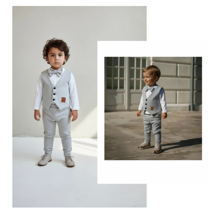 Elegancki szary komplet wizytowy dla chłopca z kamizelką, spodniami i muszką – Matimade.pl