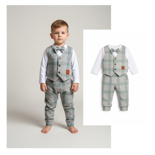 Ubranko eleganckie dla chłopca. krata szałwia, spodnie,bluzka kamizelka.