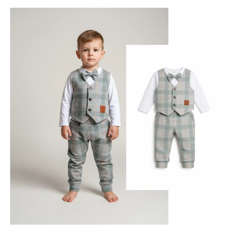 Ubranko eleganckie dla chłopca. krata szałwia, spodnie,bluzka kamizelka.