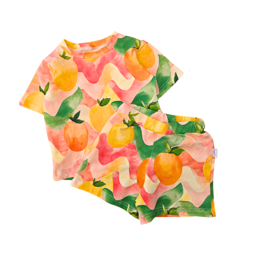 Letni komplet dziecięcy AKWARELOWE POMARAŃCZE - t-shirt i szorty handmade MatiMade