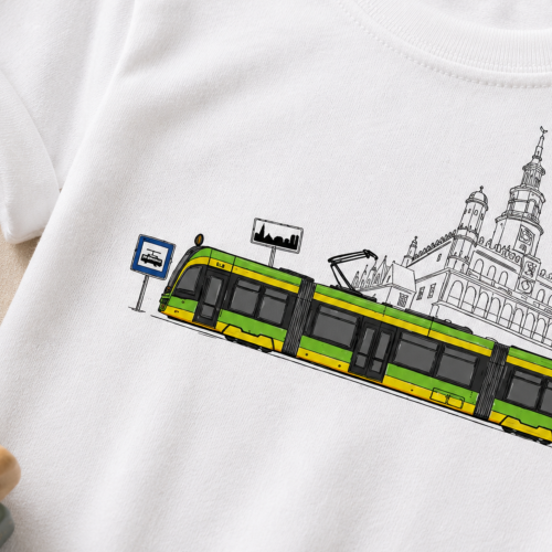 Biała koszulka dziecięca z tramwajem Poznań