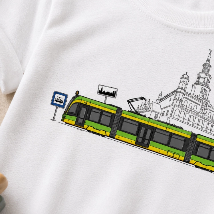 Biała koszulka dziecięca z tramwajem Poznań
