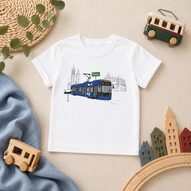 Koszulka dziecięca z niebieskim tramwajem Kraków