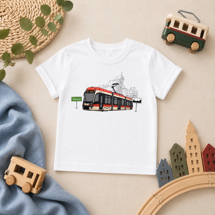 Bluzka dziecięca z czerwono-białym tramwajem Gdańsk