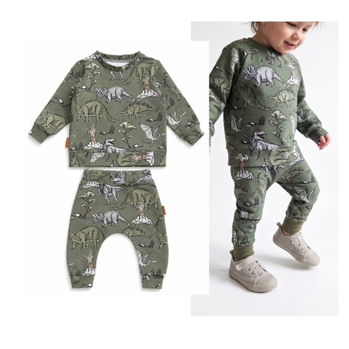 Komplet dresowy bawełniany dla chłopca dinozaury khaki MatiMade.png